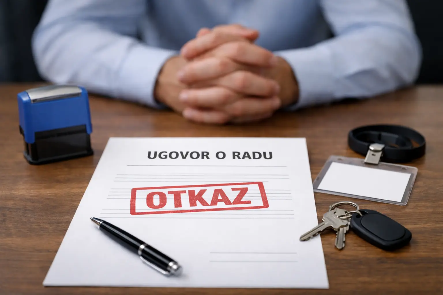 Na drvenom stolu nalazi se dokument sa naslovom UGOVOR O RADU, preko koga je crvenim pečatom označena reč OTKAZ, što označava otkaz ugovora o radu. Pored dokumenta su hemijska olovka, ključevi i prazna identifikaciona kartica. Iza stola sedi osoba sa sklopljenim rukama, što simbolizuje formalni postupak prestanka radnog odnosa.