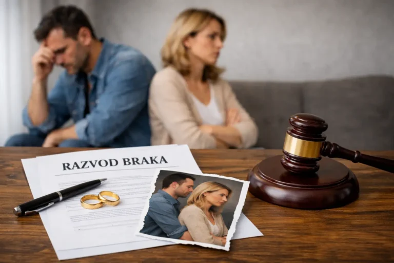 bračni par sedi leđima okrenut, u prvom planu dokument o razvodu braka, burme i sudijski čekić.