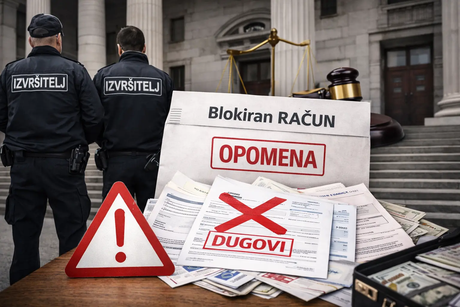 Javni izvršitelji ispred suda, sa dokumentima o dugu i bankovnim izvodom na kojem piše „blokiran račun“, što simbolizuje izvršni postupak i prinudnu naplatu.