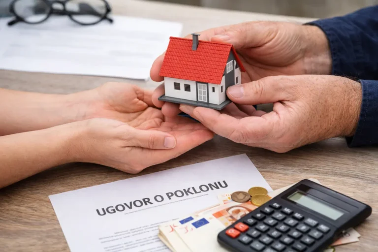 Ugovor o poklonu nepokretnosti, predaja modela kuće uz dokument, kalkulator i papirni i metalni novac